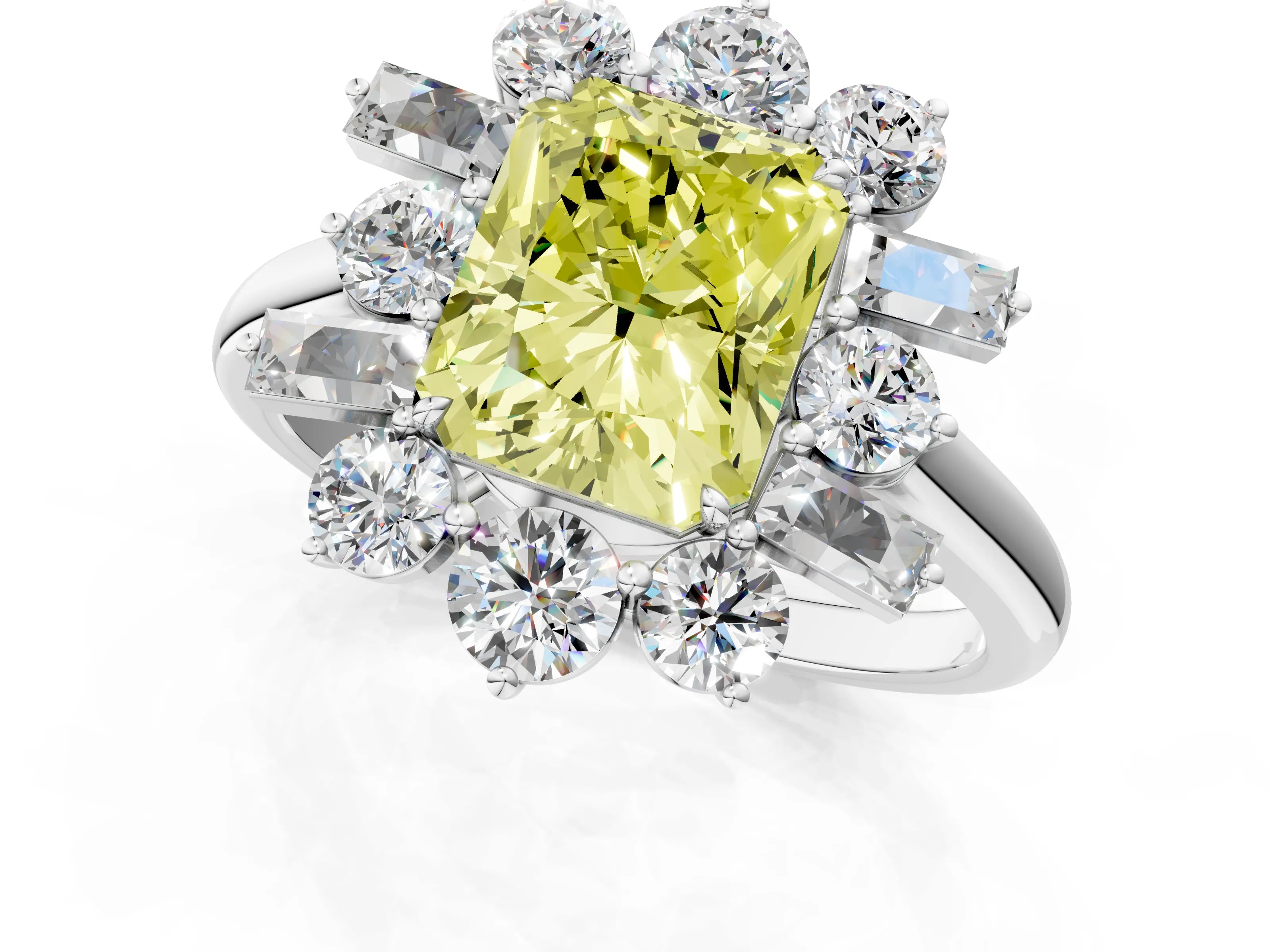 White gold Fancy Yellow Radiant Cut Diamond Cluster Ring with Round and Baguette Stones, Split Shank Band, Prong Setting_1