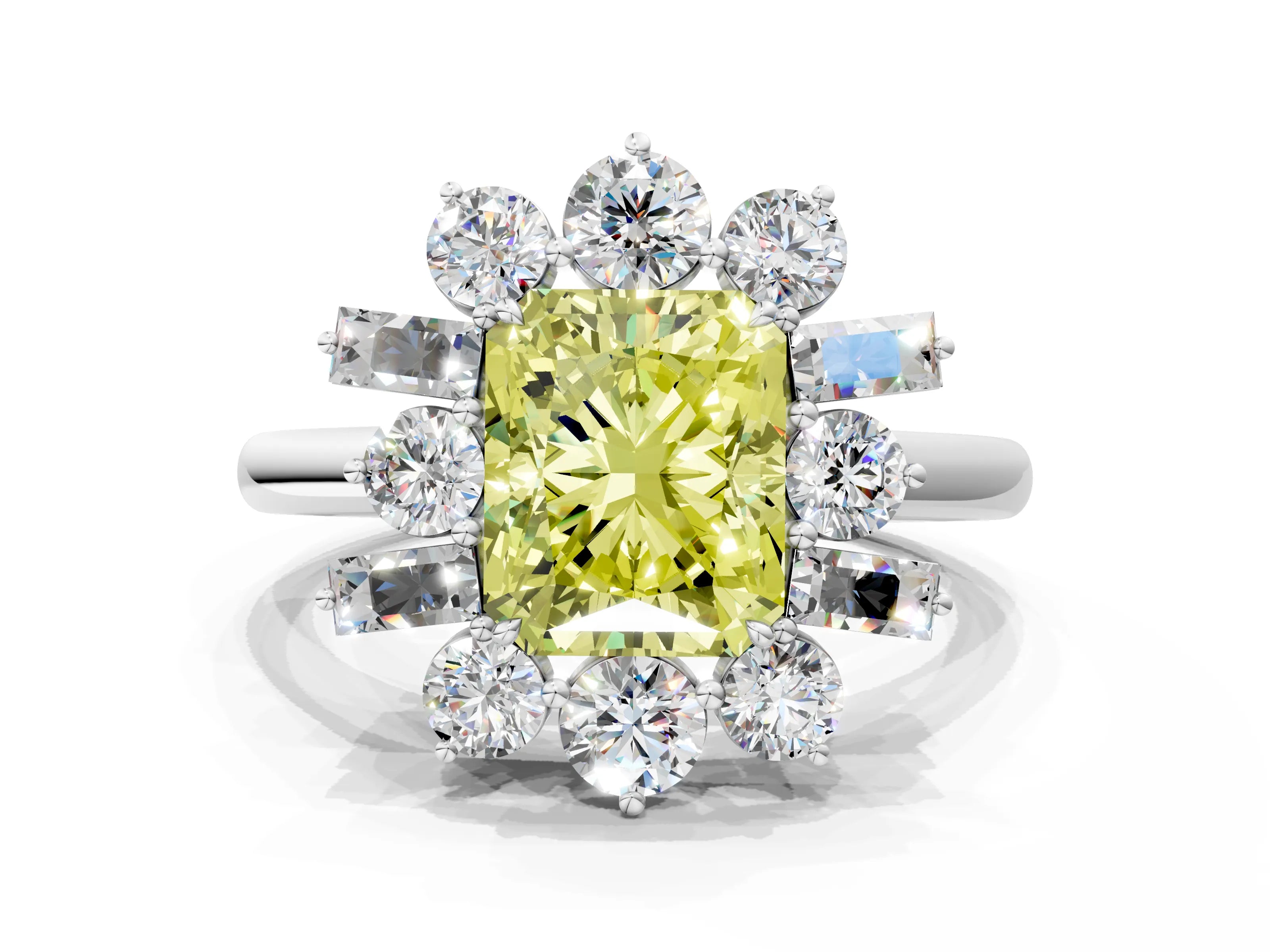 White gold Fancy Yellow Radiant Cut Diamond Cluster Ring with Round and Baguette Stones, Split Shank Band, Prong Setting_12