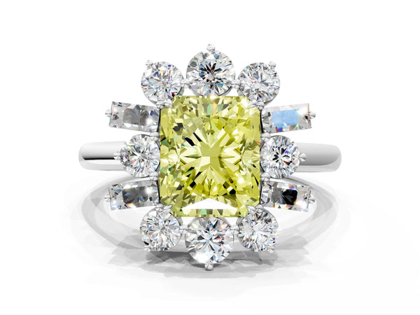 Platinum Fancy Yellow Radiant Cut Diamond Cluster Ring with Round and Baguette Stones, Split Shank Band, Prong Setting