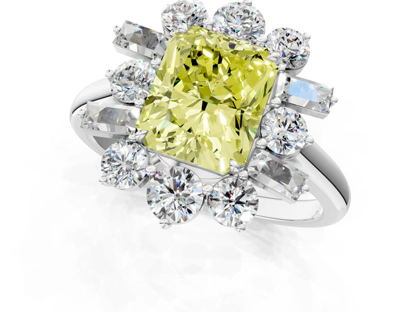 Platinum Fancy Yellow Radiant Cut Diamond Cluster Ring with Round and Baguette Stones, Split Shank Band, Prong Setting