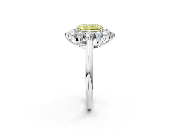 Platinum Fancy Yellow Radiant Cut Diamond Cluster Ring with Round and Baguette Stones, Split Shank Band, Prong Setting