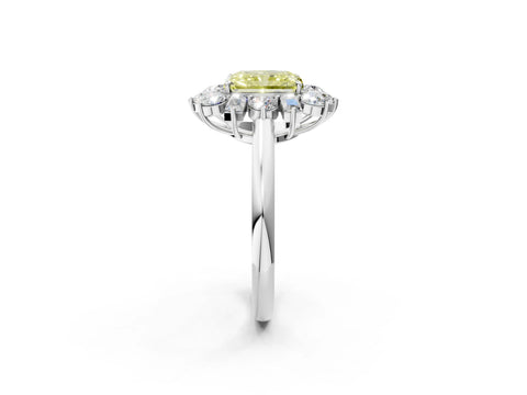 White gold Fancy Yellow Radiant Cut Diamond Cluster Ring with Round and Baguette Stones, Split Shank Band, Prong Setting_14