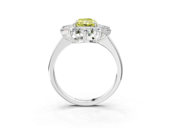 Platinum Fancy Yellow Radiant Cut Diamond Cluster Ring with Round and Baguette Stones, Split Shank Band, Prong Setting