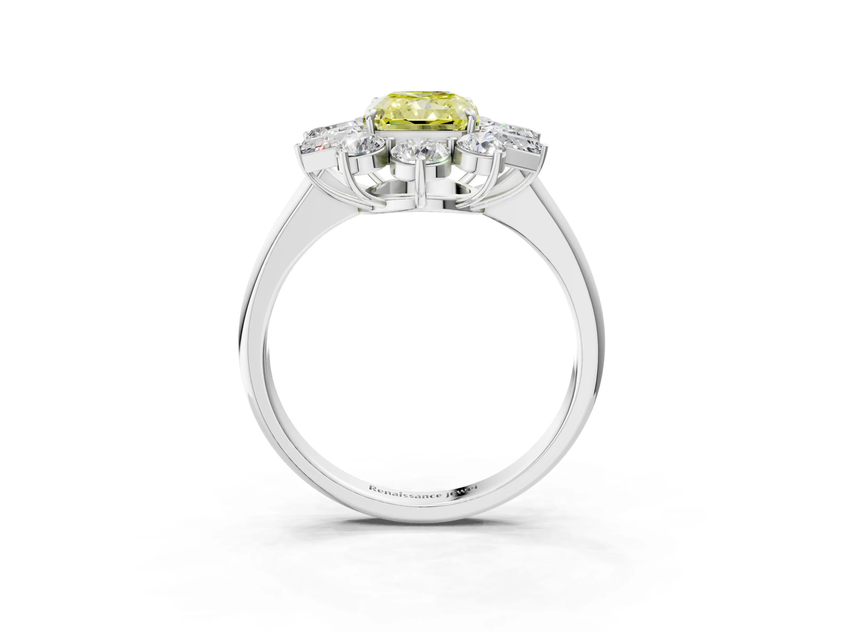 White gold Fancy Yellow Radiant Cut Diamond Cluster Ring with Round and Baguette Stones, Split Shank Band, Prong Setting_15