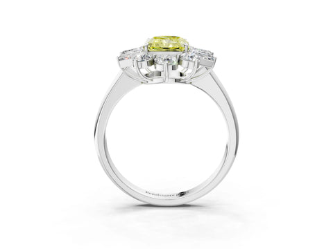 White gold Fancy Yellow Radiant Cut Diamond Cluster Ring with Round and Baguette Stones, Split Shank Band, Prong Setting_15