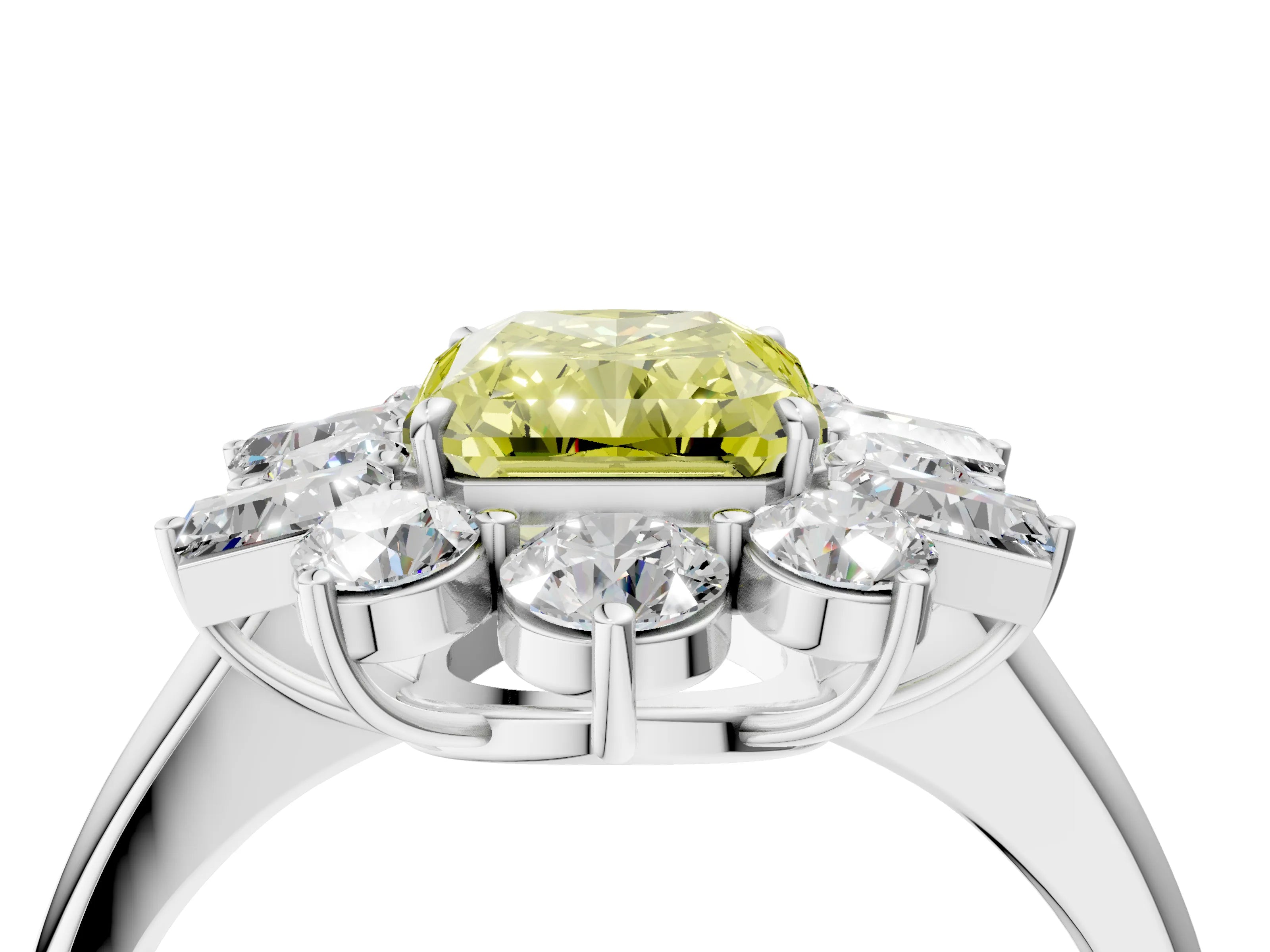 White gold Fancy Yellow Radiant Cut Diamond Cluster Ring with Round and Baguette Stones, Split Shank Band, Prong Setting_16