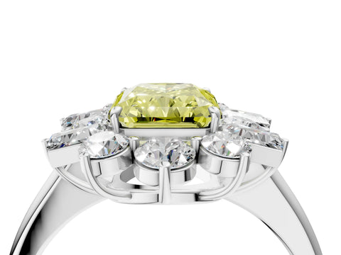 White gold Fancy Yellow Radiant Cut Diamond Cluster Ring with Round and Baguette Stones, Split Shank Band, Prong Setting_16