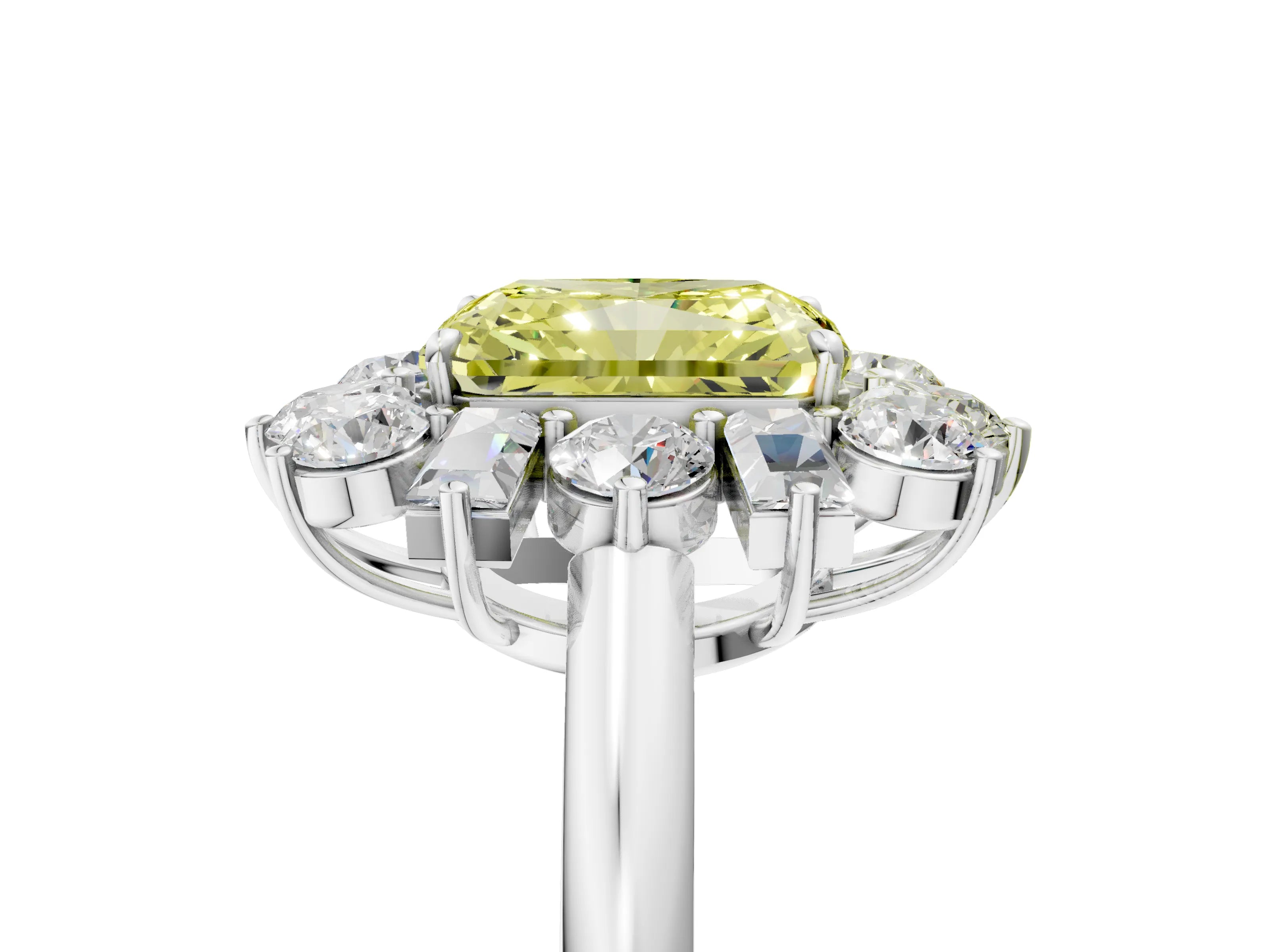 White gold Fancy Yellow Radiant Cut Diamond Cluster Ring with Round and Baguette Stones, Split Shank Band, Prong Setting_17