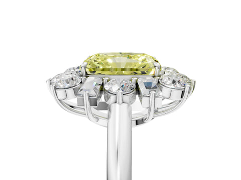 White gold Fancy Yellow Radiant Cut Diamond Cluster Ring with Round and Baguette Stones, Split Shank Band, Prong Setting_17