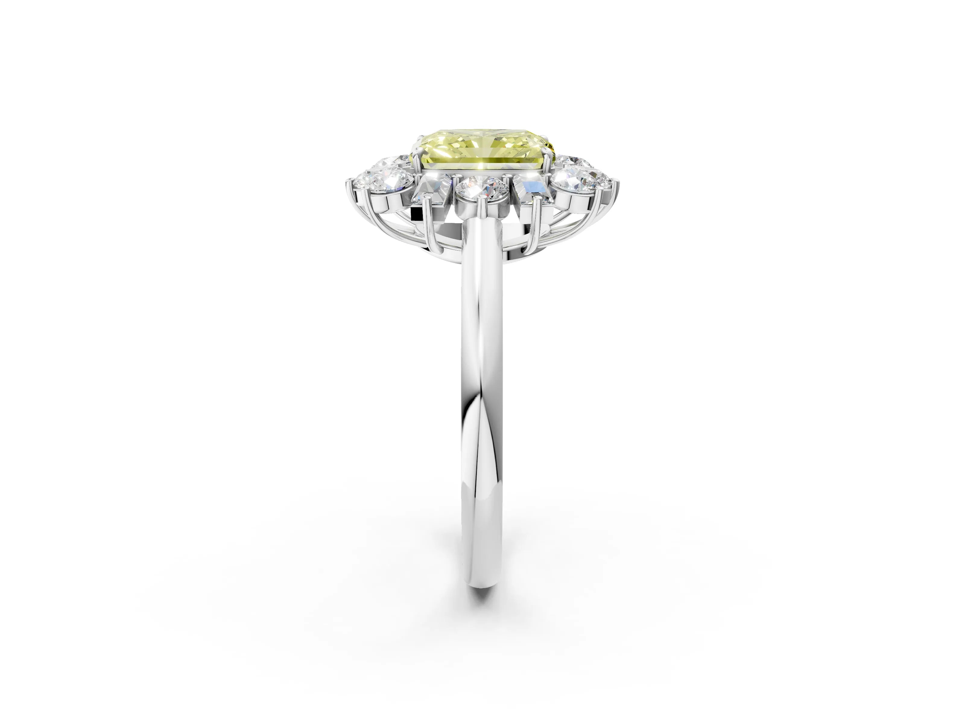 White gold Fancy Yellow Radiant Cut Diamond Cluster Ring with Round and Baguette Stones, Split Shank Band, Prong Setting_2