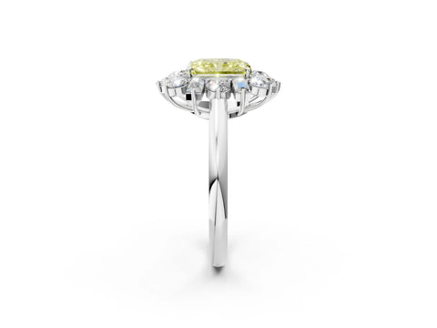 White gold Fancy Yellow Radiant Cut Diamond Cluster Ring with Round and Baguette Stones, Split Shank Band, Prong Setting_2