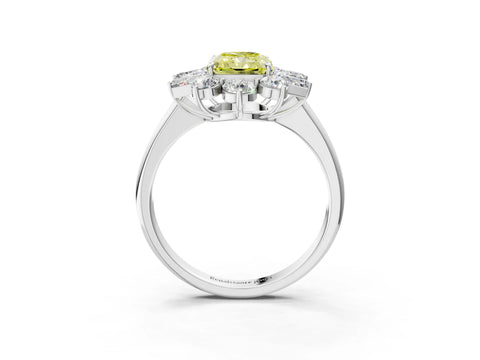 White gold Fancy Yellow Radiant Cut Diamond Cluster Ring with Round and Baguette Stones, Split Shank Band, Prong Setting_3