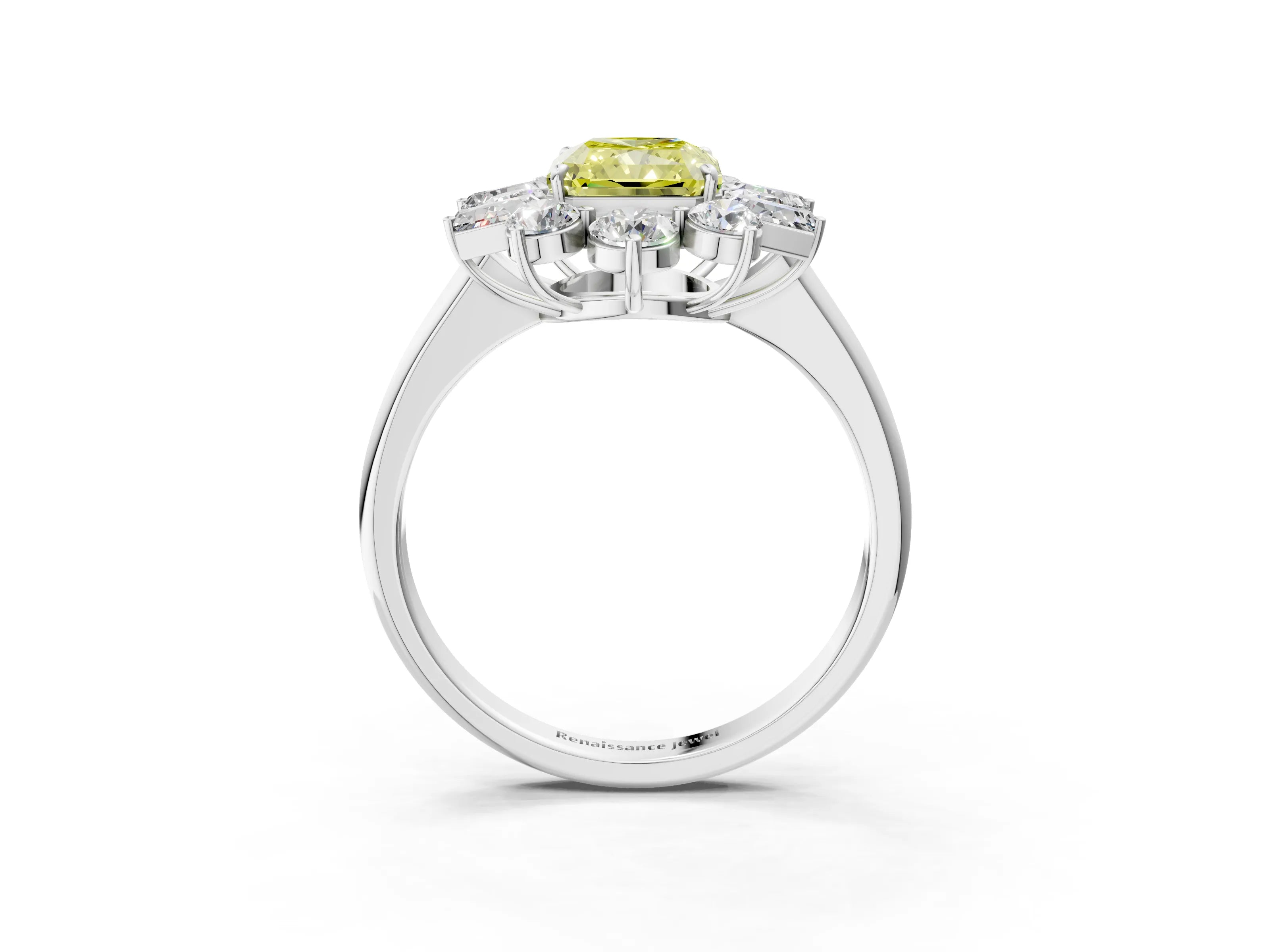 White gold Fancy Yellow Radiant Cut Diamond Cluster Ring with Round and Baguette Stones, Split Shank Band, Prong Setting_3