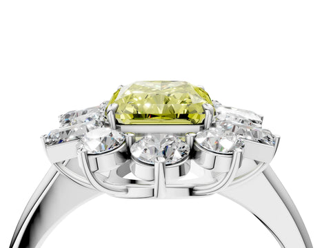 White gold Fancy Yellow Radiant Cut Diamond Cluster Ring with Round and Baguette Stones, Split Shank Band, Prong Setting_4