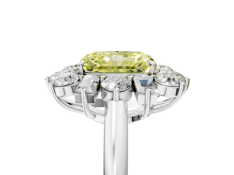 White gold Fancy Yellow Radiant Cut Diamond Cluster Ring with Round and Baguette Stones, Split Shank Band, Prong Setting_5