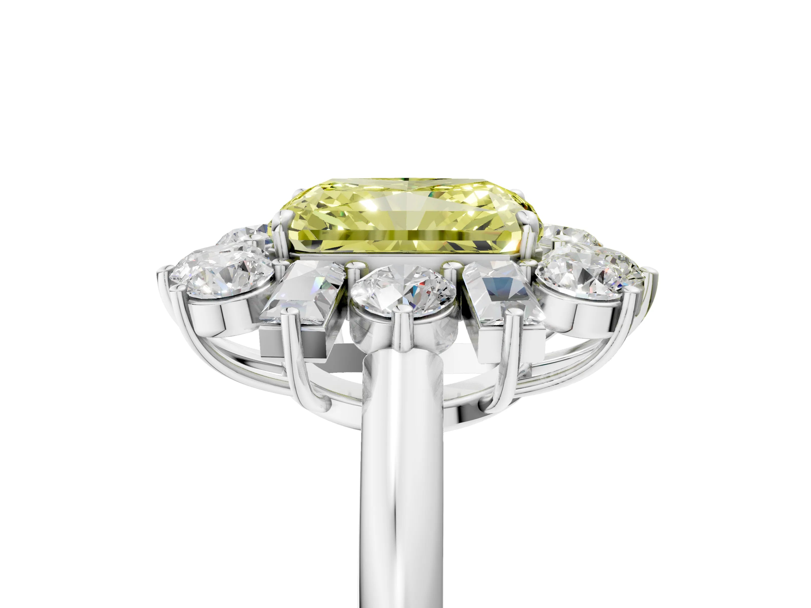 White gold Fancy Yellow Radiant Cut Diamond Cluster Ring with Round and Baguette Stones, Split Shank Band, Prong Setting_5
