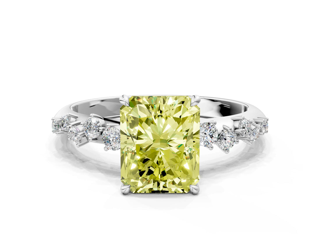 White gold Fancy Yellow Radiant Cut Diamond Cluster Side Stone Solitaire Ring with Prong Setting_78