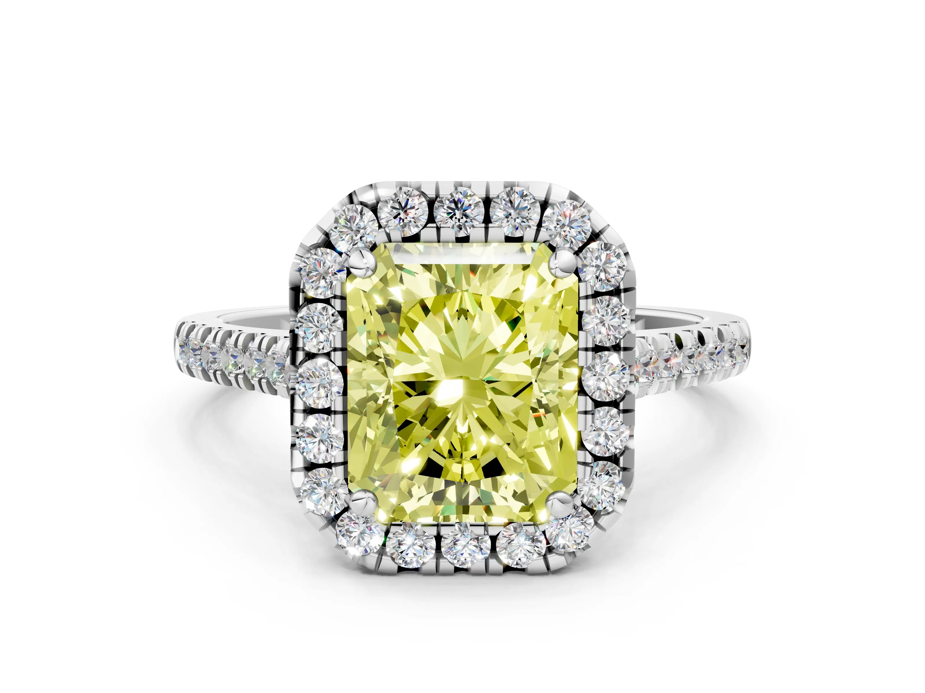 White gold Fancy Yellow Radiant Cut Diamond Cushion Halo Ring with Pavé Band_12