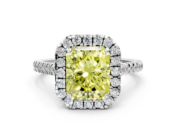 White gold Fancy Yellow Radiant Cut Diamond Cushion Halo Ring with Pavé Band