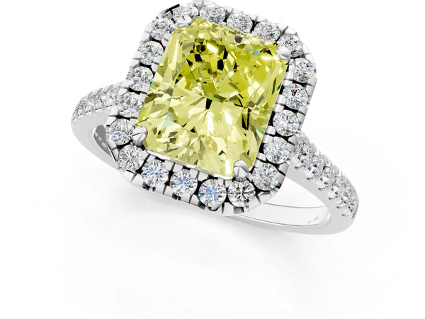 White gold Fancy Yellow Radiant Cut Diamond Cushion Halo Ring with Pavé Band