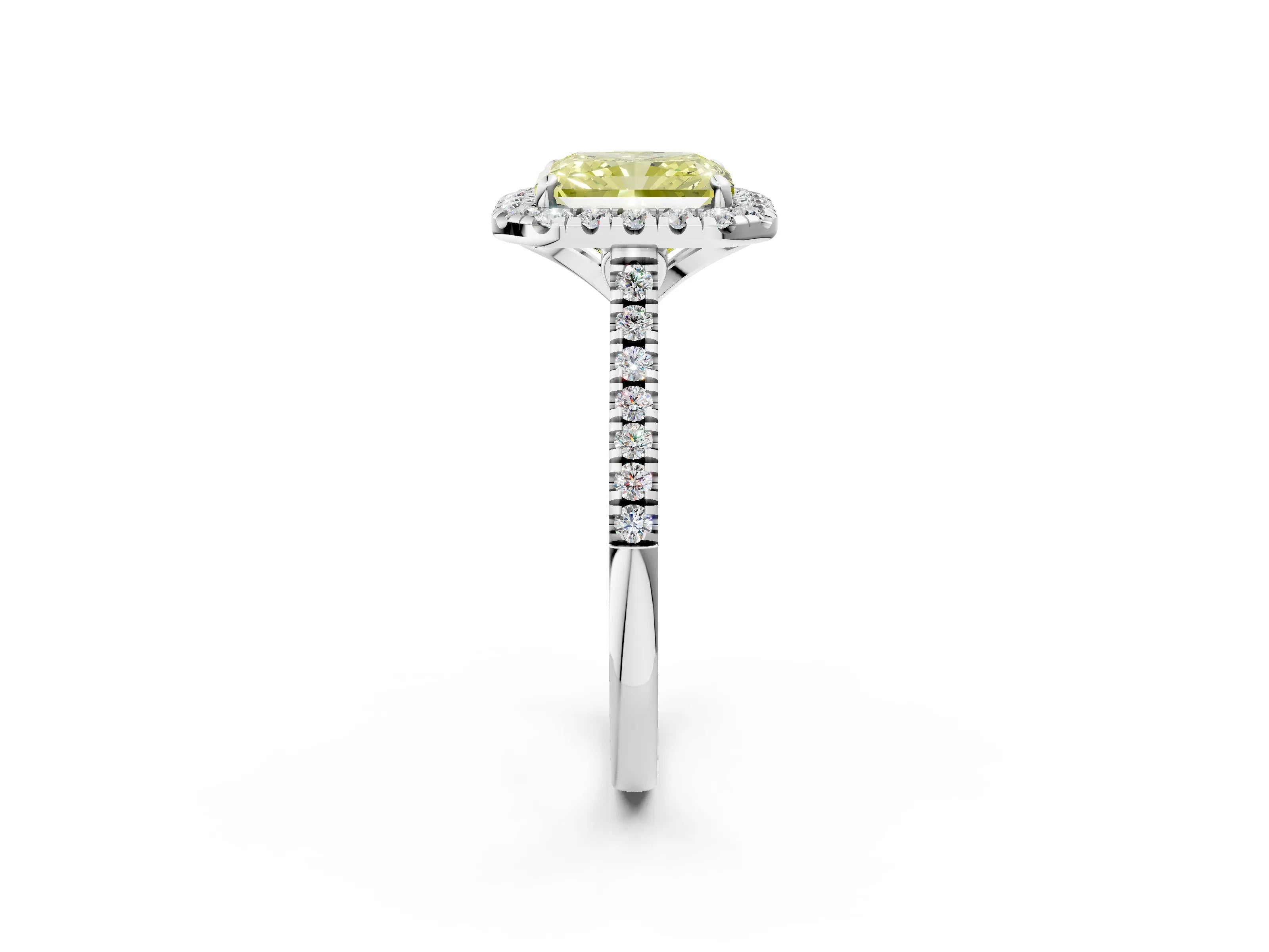 White gold Fancy Yellow Radiant Cut Diamond Cushion Halo Ring with Pavé Band_14