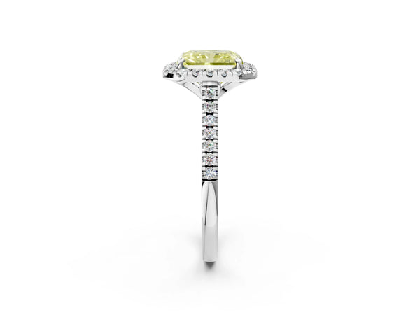 White gold Fancy Yellow Radiant Cut Diamond Cushion Halo Ring with Pavé Band
