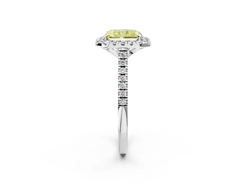 White gold Fancy Yellow Radiant Cut Diamond Cushion Halo Ring with Pavé Band_14