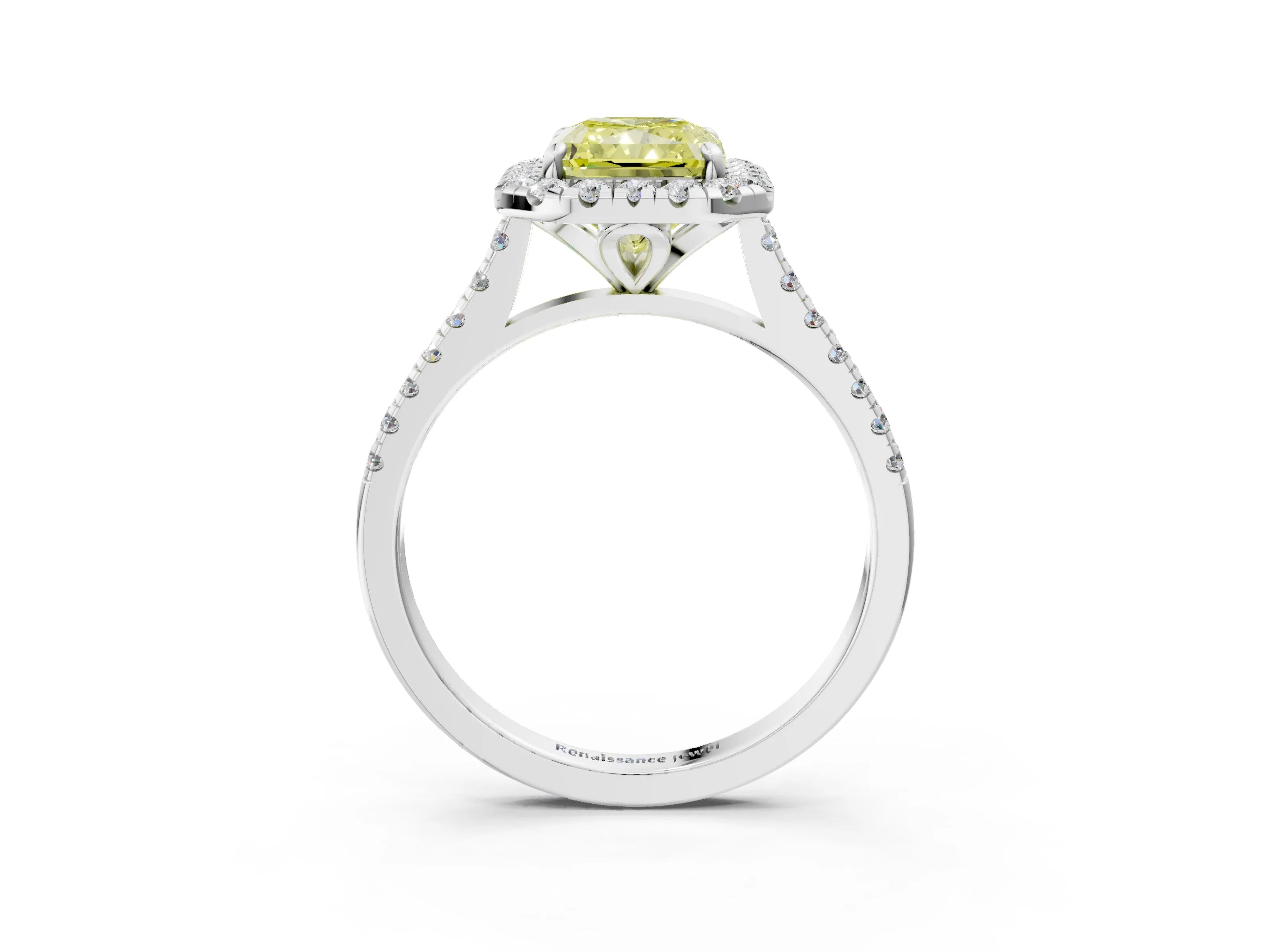 White gold Fancy Yellow Radiant Cut Diamond Cushion Halo Ring with Pavé Band_15