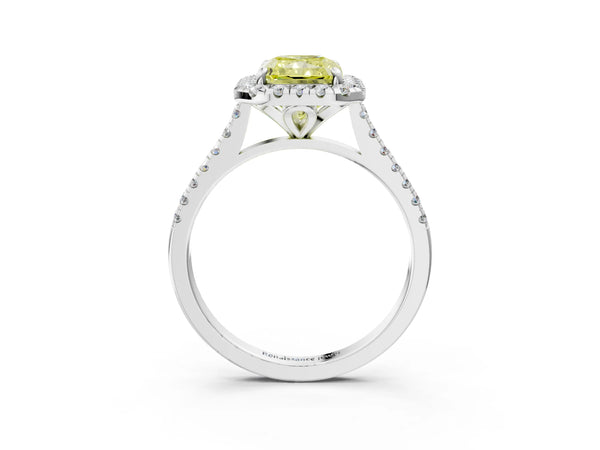 White gold Fancy Yellow Radiant Cut Diamond Cushion Halo Ring with Pavé Band