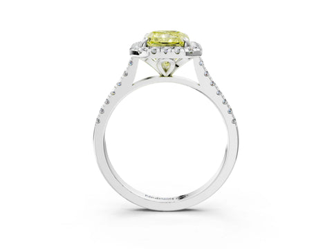 White gold Fancy Yellow Radiant Cut Diamond Cushion Halo Ring with Pavé Band_15