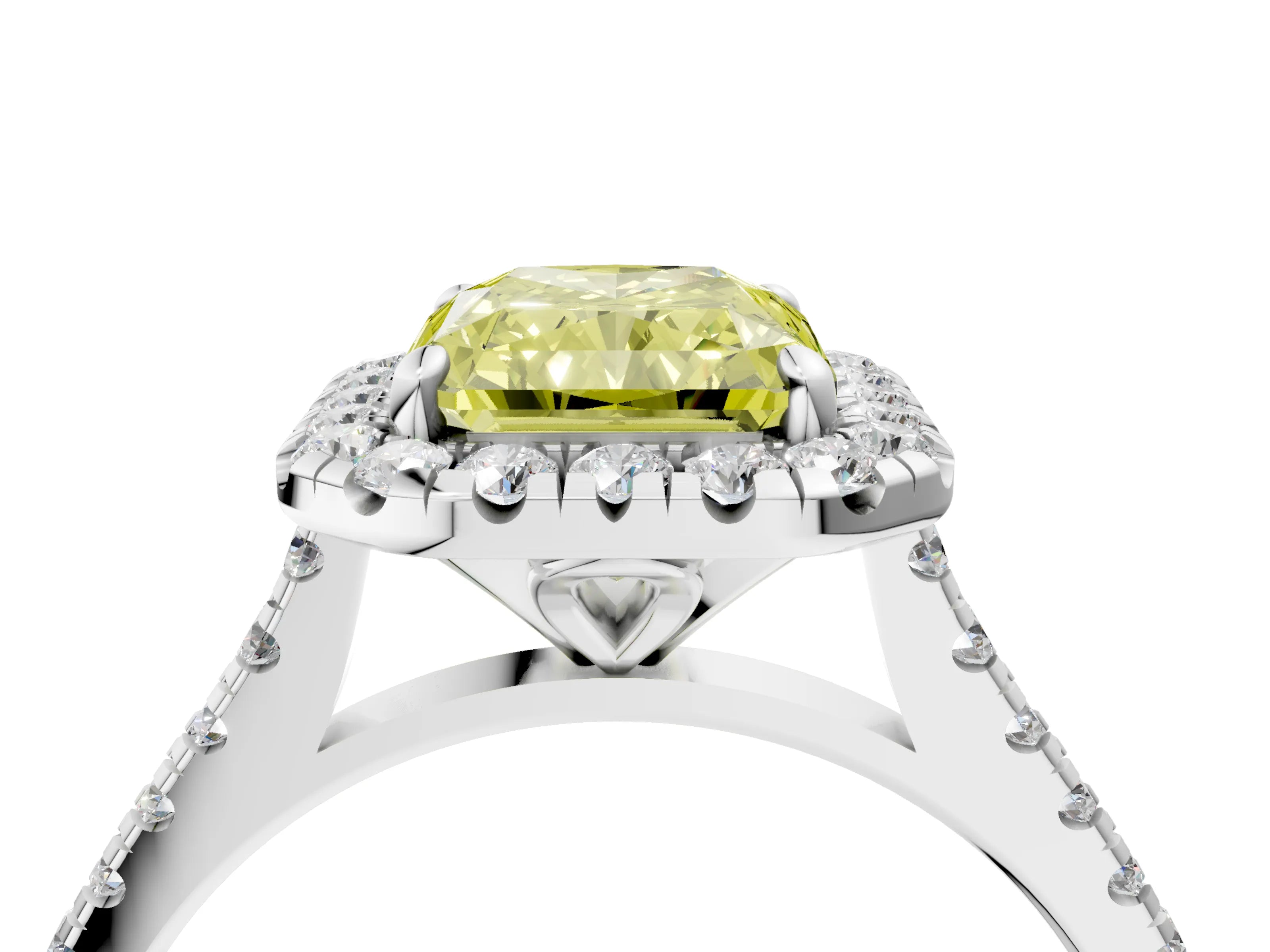 White gold Fancy Yellow Radiant Cut Diamond Cushion Halo Ring with Pavé Band_16