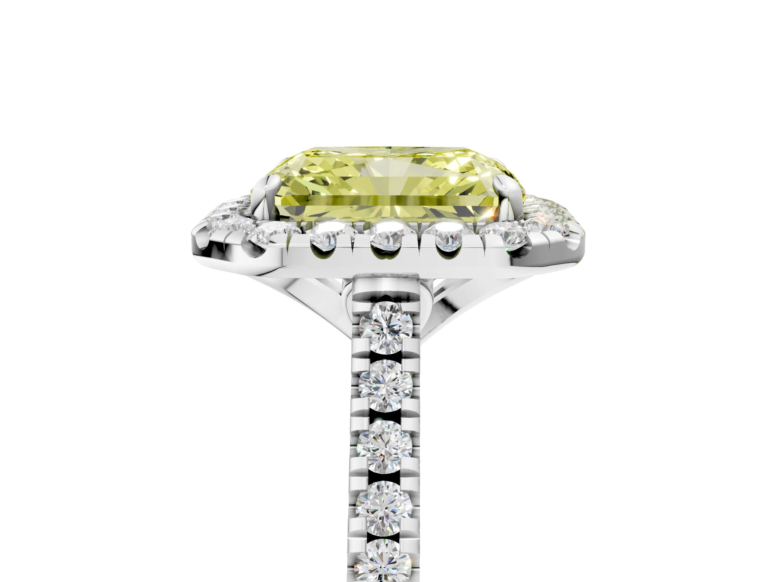 White gold Fancy Yellow Radiant Cut Diamond Cushion Halo Ring with Pavé Band_17
