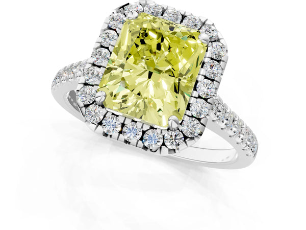 White gold Fancy Yellow Radiant Cut Diamond Cushion Halo Ring with Pavé Band