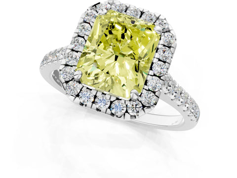 White gold Fancy Yellow Radiant Cut Diamond Cushion Halo Ring with Pavé Band_1