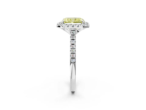 White gold Fancy Yellow Radiant Cut Diamond Cushion Halo Ring with Pavé Band_2