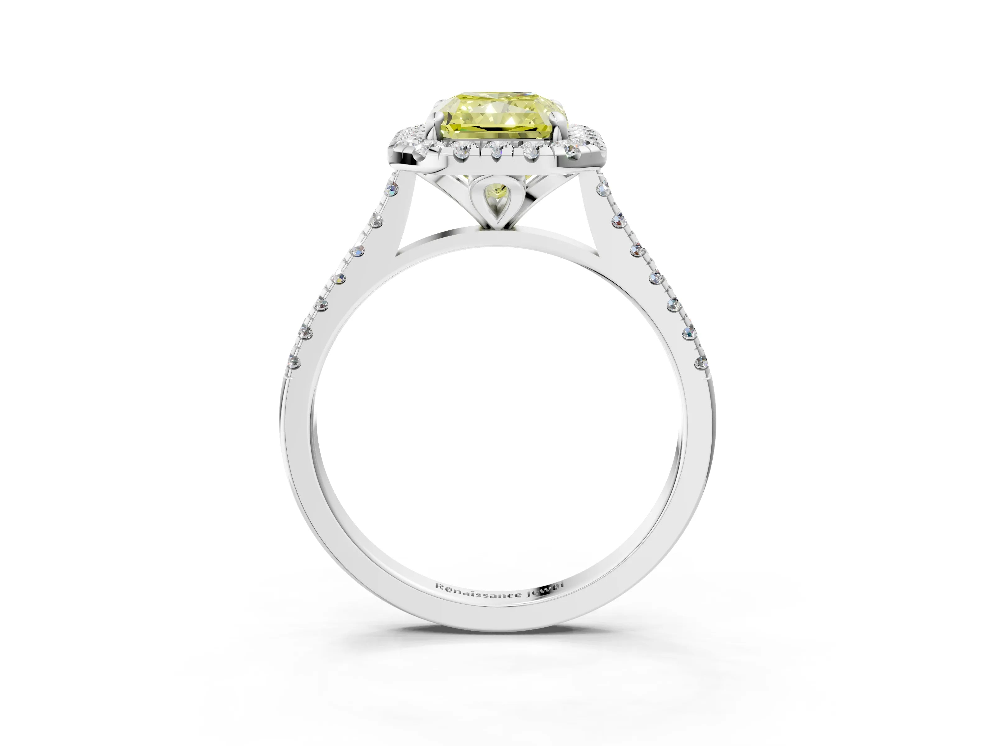 White gold Fancy Yellow Radiant Cut Diamond Cushion Halo Ring with Pavé Band_3