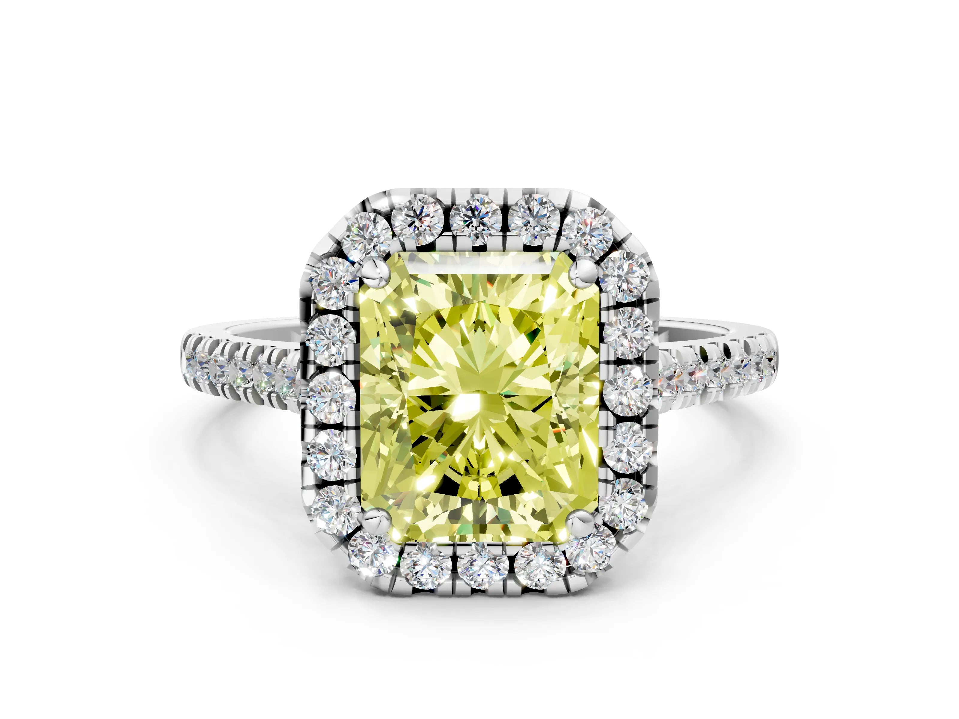 White gold Fancy Yellow Radiant Cut Diamond Cushion Halo Ring with Pavé Band