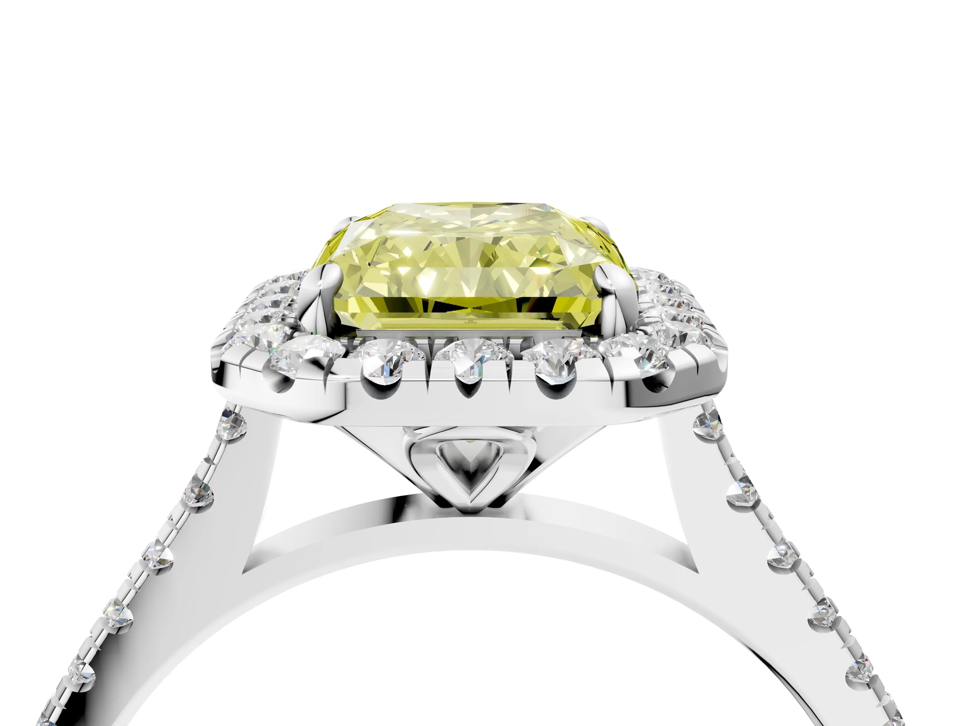 White gold Fancy Yellow Radiant Cut Diamond Cushion Halo Ring with Pavé Band_4