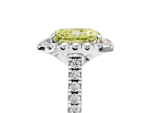 White gold Fancy Yellow Radiant Cut Diamond Cushion Halo Ring with Pavé Band_5