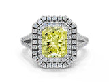 White gold Fancy Yellow Radiant Cut Diamond Double Halo Ring with Pavé Band and Prong Setting_106