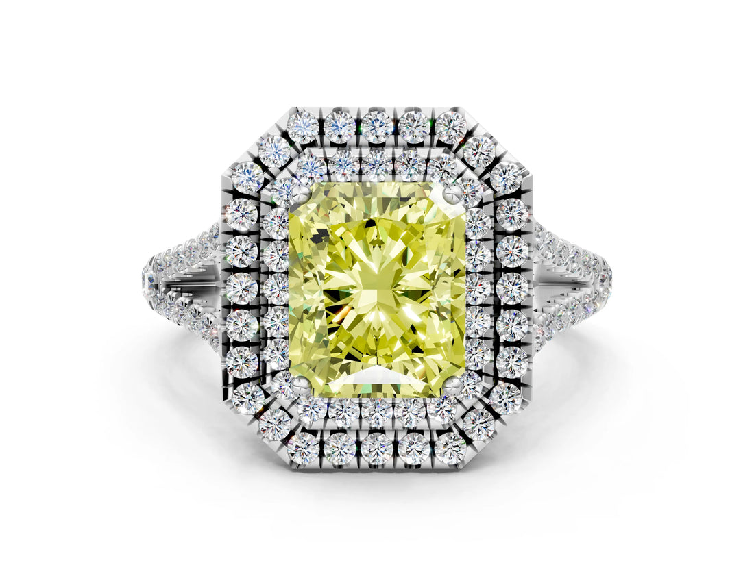 White gold Fancy Yellow Radiant Cut Diamond Double Halo Ring with Pavé Band and Prong Setting_94