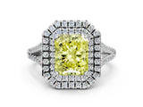 White gold Fancy Yellow Radiant Cut Diamond Double Halo Ring with Pavé Band and Prong Setting_94