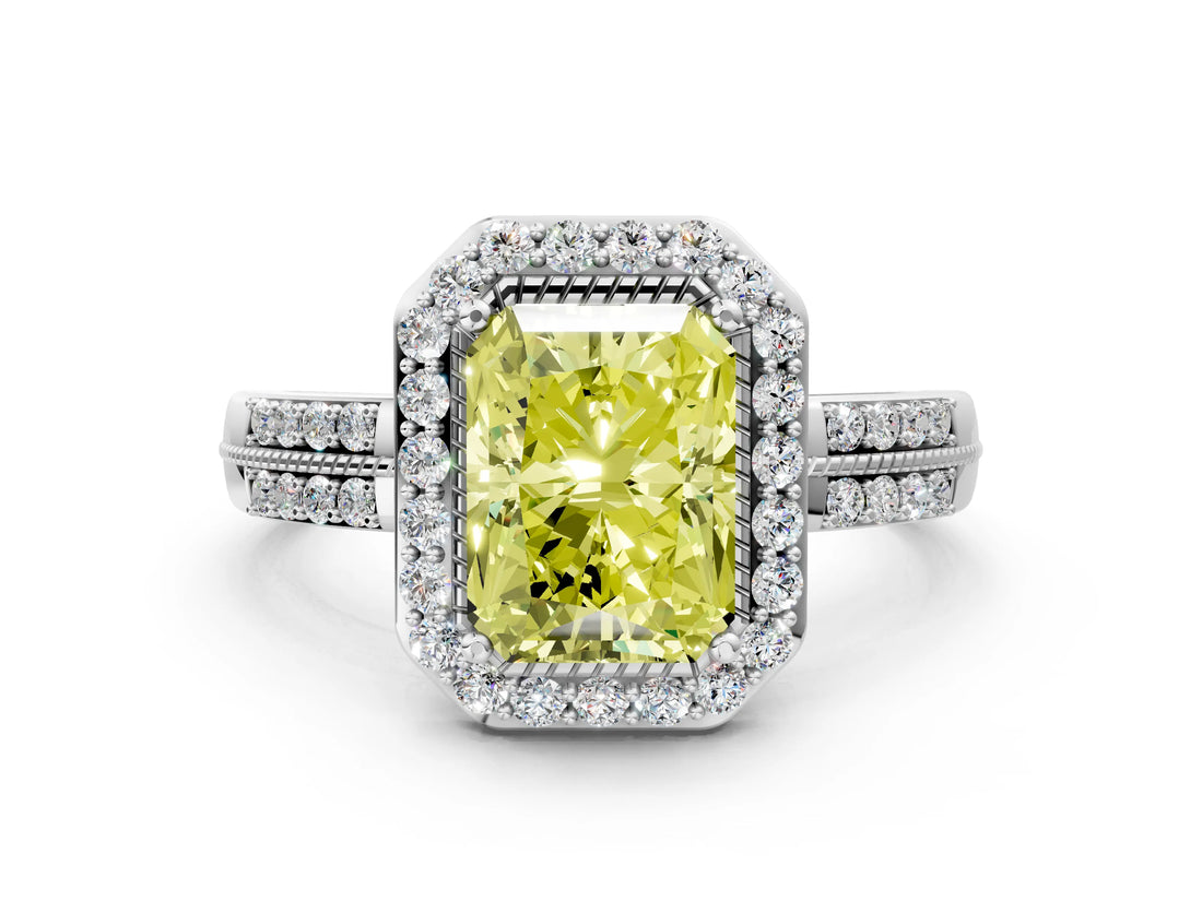 White gold Fancy Yellow Radiant Cut Diamond Double Halo Ring with Split Shank and Four-Prong Setting