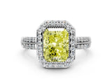 White gold Fancy Yellow Radiant Cut Diamond Double Halo Ring with Split Shank and Four-Prong Setting