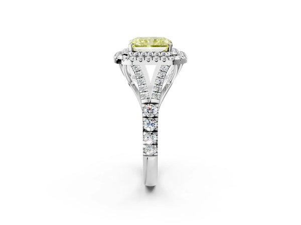 White gold Fancy Yellow Radiant Cut Diamond Double Halo Ring with Split Shank and Prong Setting