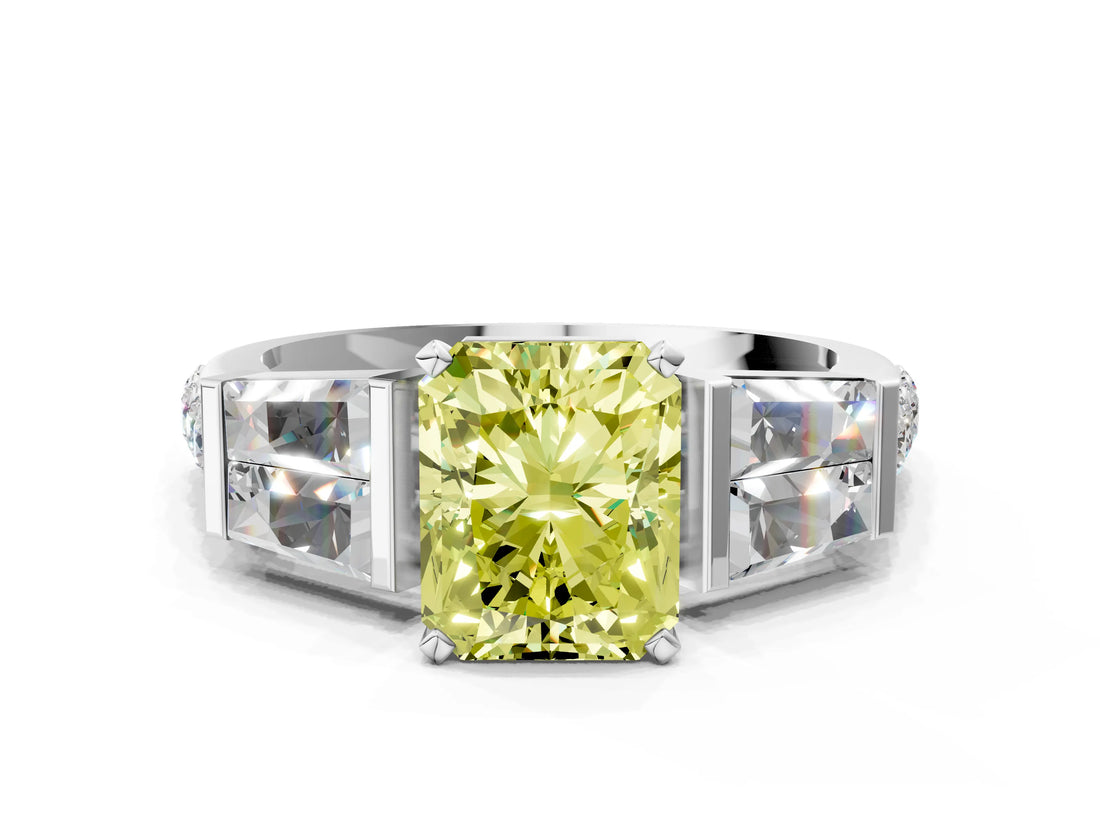 White gold Fancy Yellow Radiant Cut Diamond Engagement Ring with Baguette Side Stones and Channel Set Band_20