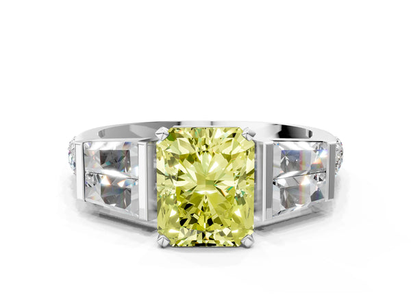 White gold Fancy Yellow Radiant Cut Diamond Engagement Ring with Baguette Side Stones and Channel Set Band