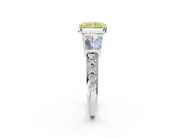 White gold Fancy Yellow Radiant Cut Diamond Engagement Ring with Baguette Side Stones and Channel Set Band