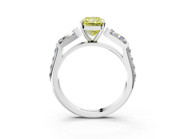White gold Fancy Yellow Radiant Cut Diamond Engagement Ring with Baguette Side Stones and Channel Set Band