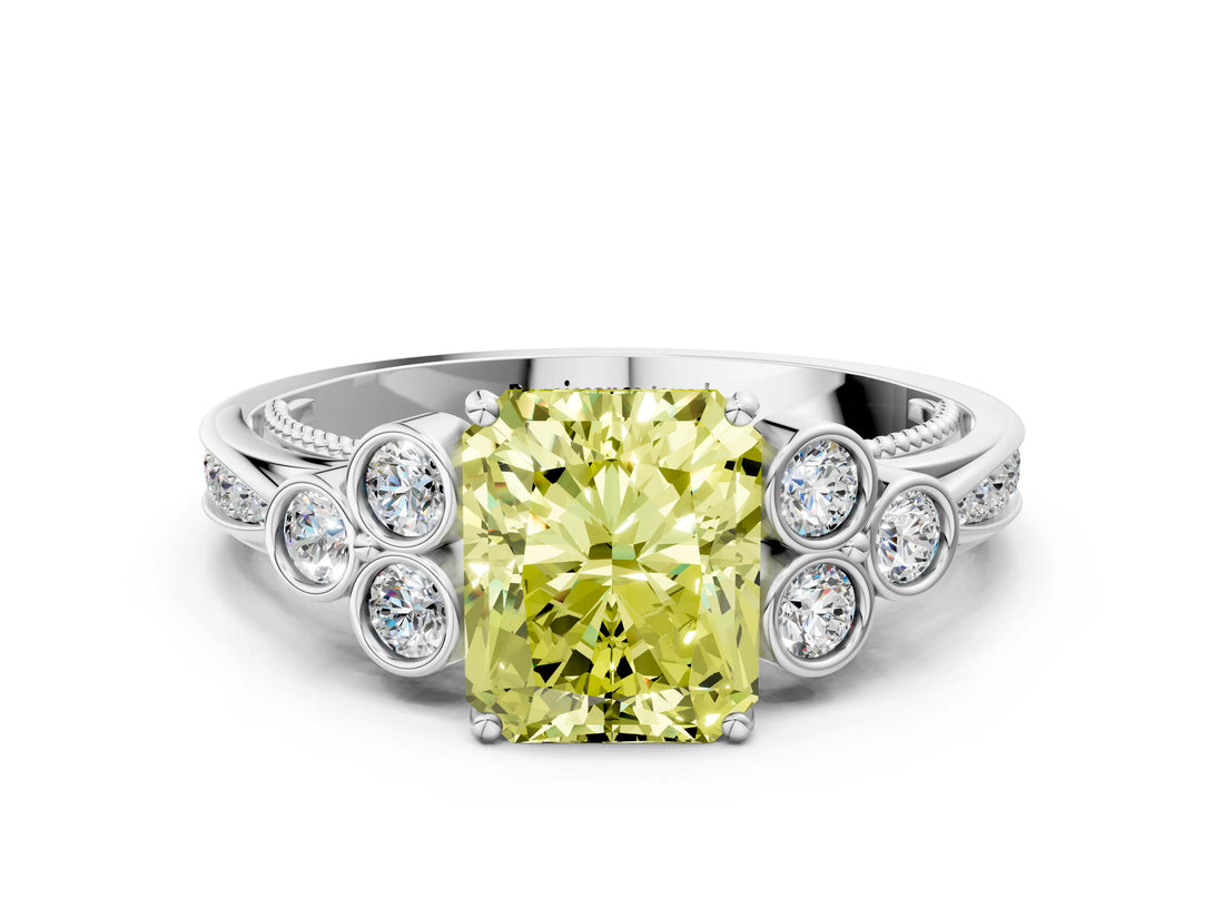 White gold Fancy Yellow Radiant  Cut Diamond Engagement Ring with Bezel Set Round Side Stones and Prong Setting_49